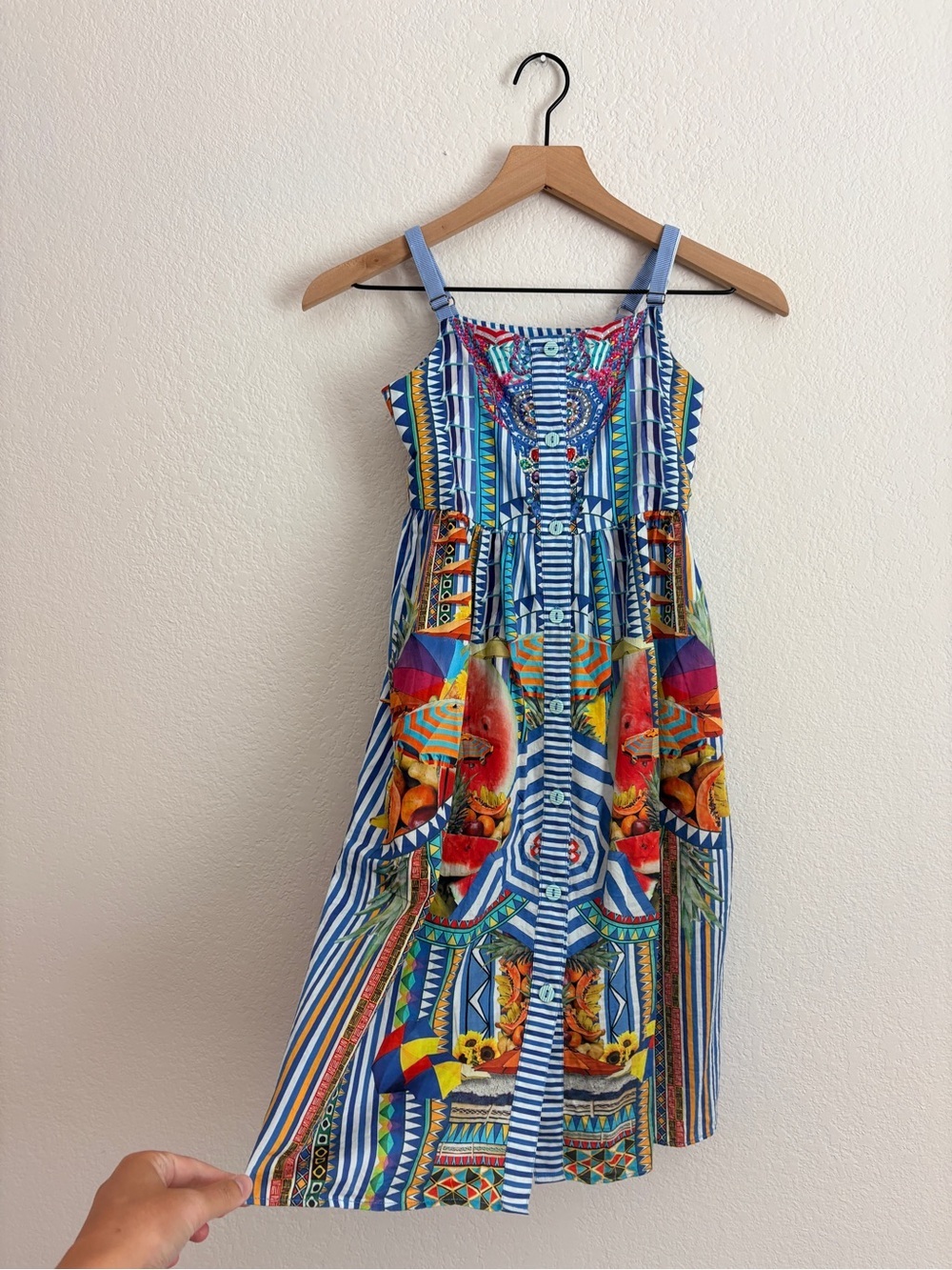 Camilla Blue Multicolor Striped Tropical Print Girls' Dress - Picture 2 of 11